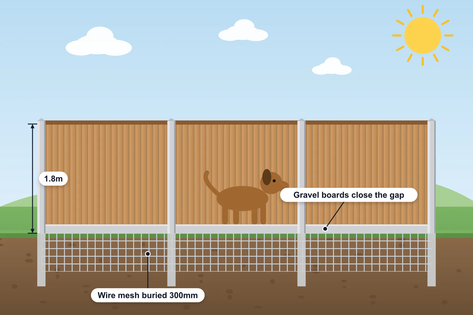 Illustration of a dog in a garden in front of a 1.8m closeboard fence with gravel boards and wire mesh buried below ground