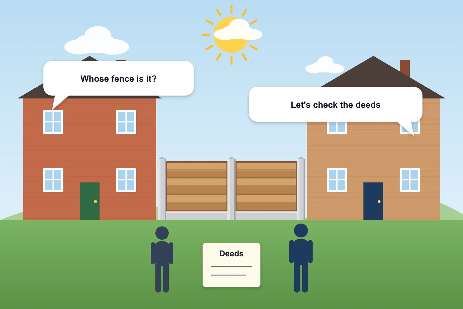 Illustration of two neighbours either side of a shared fence with speech bubbles about checking the deeds