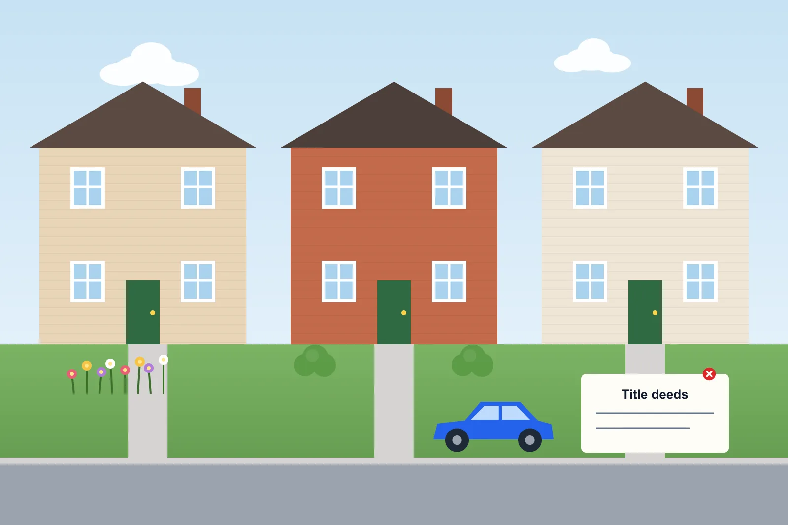 Illustration of an estate street with open-plan front lawns, a house with a low hedge instead of a fence and a document representing title deeds