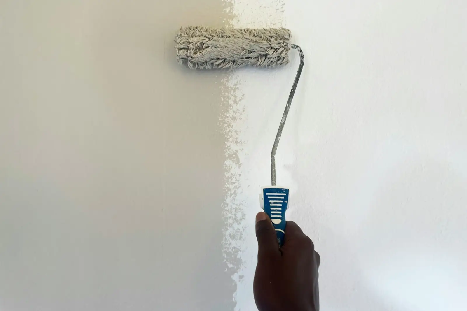 Paint roller applying a fresh coat to a wall