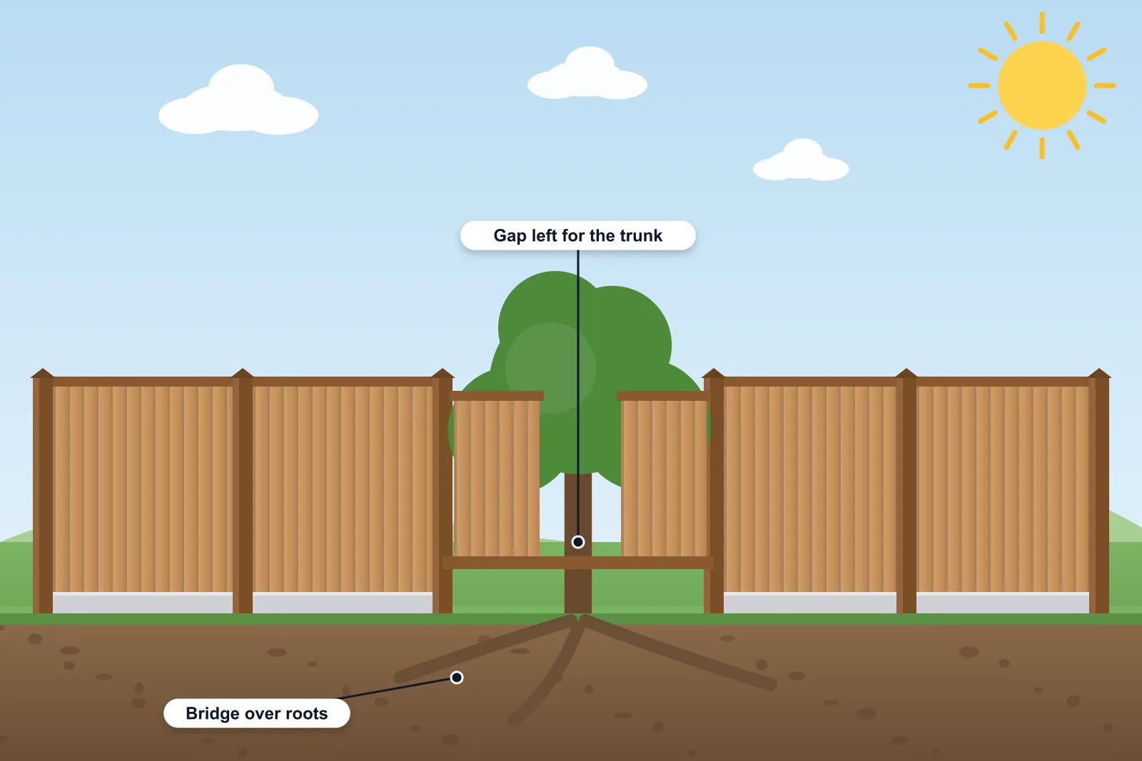 Illustration of a fence line stepping around a mature tree, with a bridged section over roots and a gap left for trunk growth