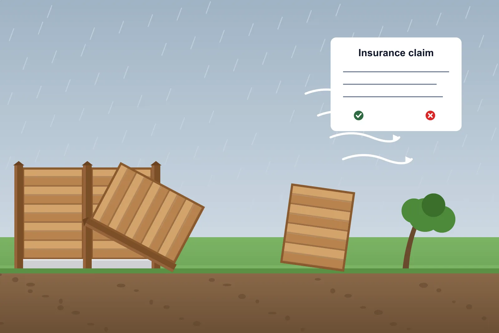 Illustration of a fence blown down in a storm with broken panels and a leaning post, next to an insurance claim form