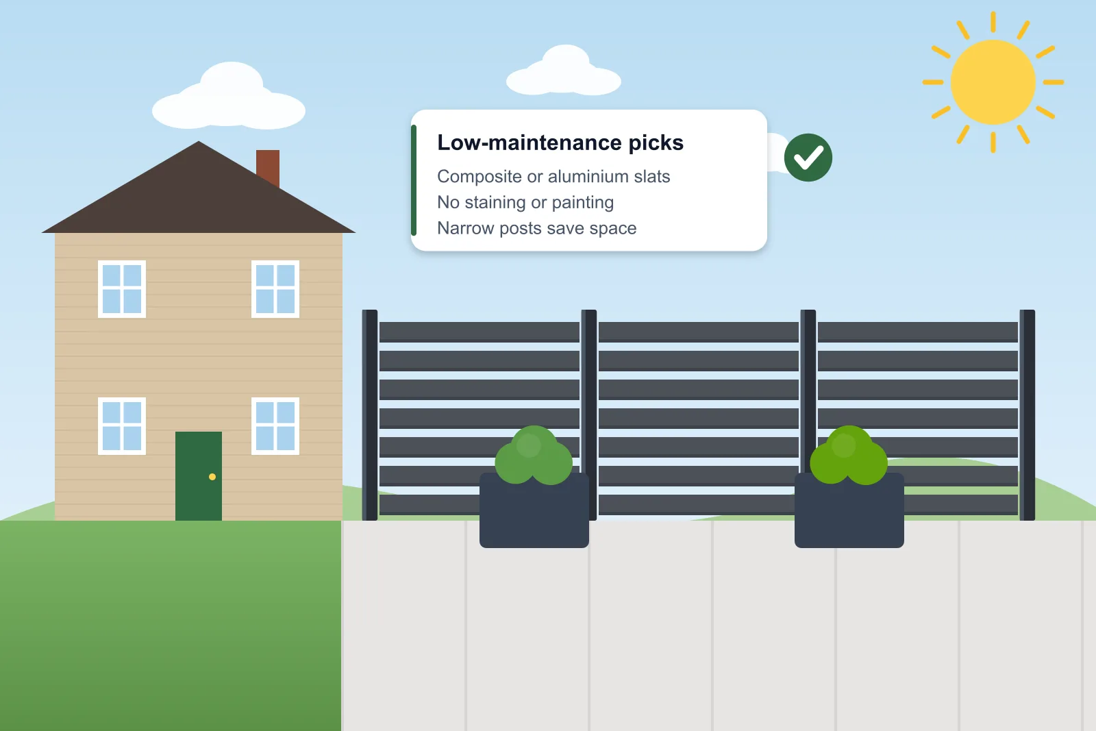 Illustration of a small courtyard garden with grey slatted low-maintenance fencing on aluminium posts and planters
