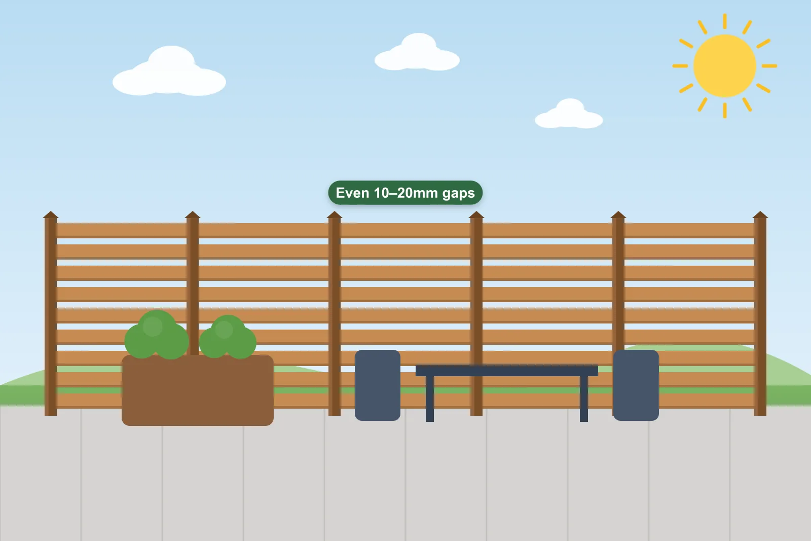 Illustration of a contemporary horizontal slatted fence in warm timber behind a patio with planters and garden furniture